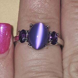Sz 6, Oval Violet Aurora Moonstone, Amethyst side stones,925 Silver, Rhodium,NWT